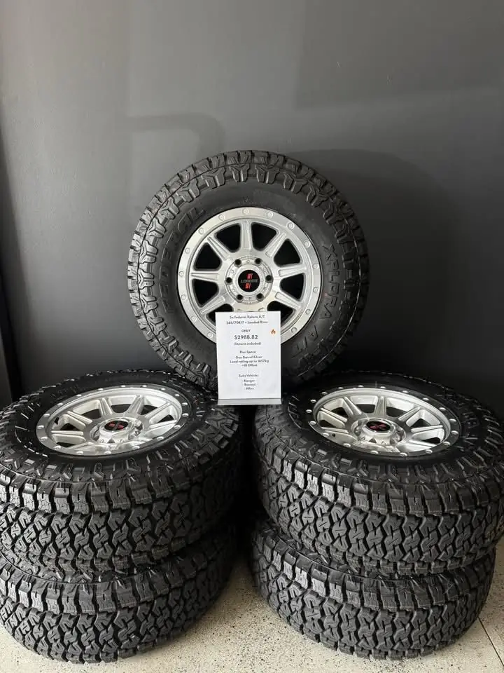 Set of new all-terrain tyres on alloy wheels