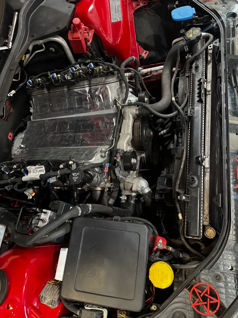 V8 engine bay during a performance build
